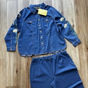 Bob Mackie Wearable Art Shirt & Pants Denim Outfit Embroidered Flowers Size 1X